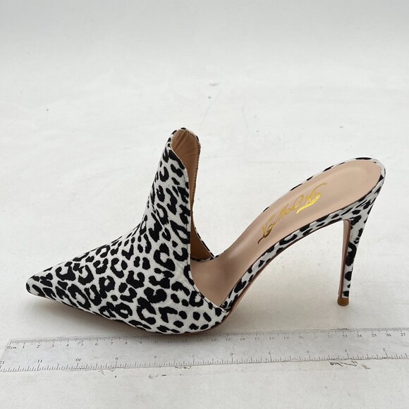 FOWT White Leopard Print Side V Cut Pointed Toe High Stiletto Heel Backless Mule - Picture 2 of 8